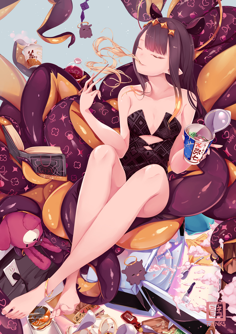 1girl, animal_ears, anklet, ao-chan_(ninomae_ina'nis), bangs, bare_legs, barefoot, black_dress