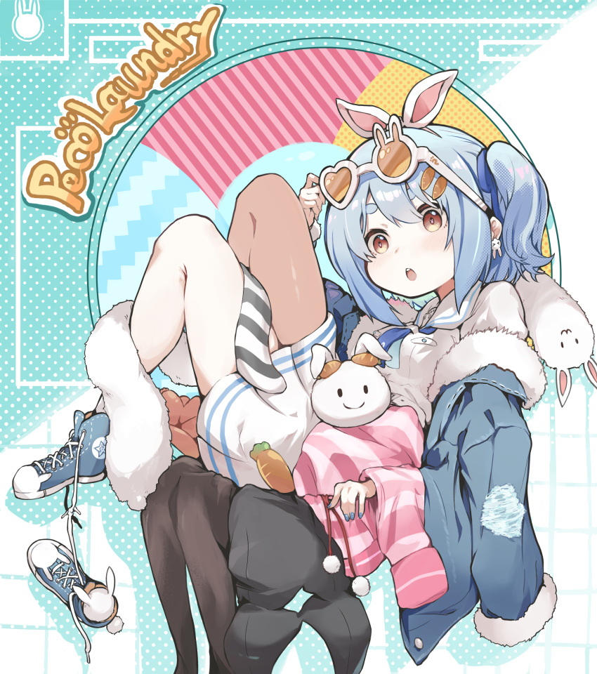 1girl, absurdres, adjusting_eyewear, bangs, bare_legs, black_jacket, blue_footwear, blue_hair, blue_nails, blue_neckerchief, blue_ribbon, blush, bunny_earrings, don-chan_(usada_pekora), earrings, english_text, eyewear_on_head, from_side, full_body, hair_ornament, hair_ribbon, hairclip, heart, heart-shaped_eyewear, highres, hololive, jacket, jewelry, kintsuba_(garapagosukkk), knees_up, leotard_removed, long_sleeves, looking_away, looking_to_the_side, nail_polish, neckerchief, nousagi_(usada_pekora), one_side_up, open_mouth, pantyhose, pantyhose_removed, red_eyes, ribbon, shirt, shoes, shoes_removed, skirt, solo, sunglasses, thick_eyebrows, untied_footwear, usada_pekora, virtual_youtuber, white_shirt, white_skirt