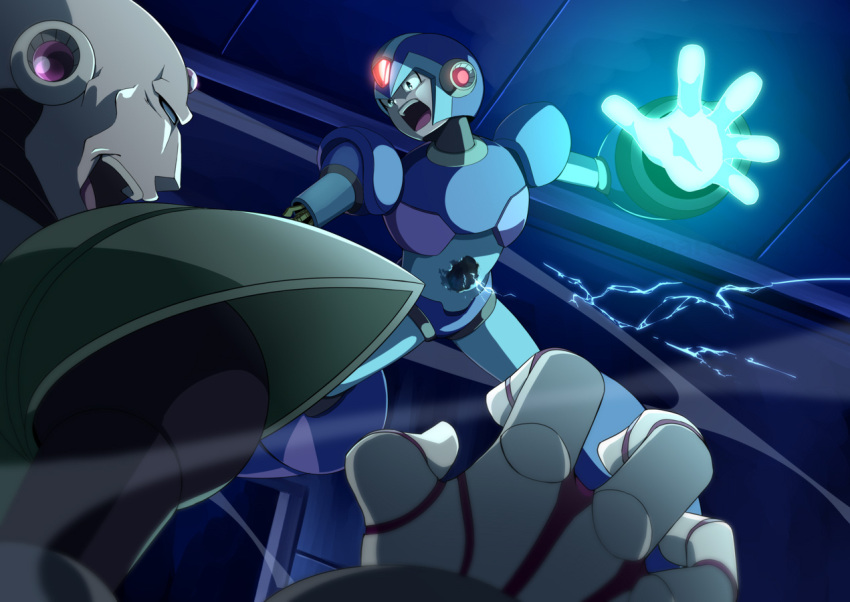 2boys, android, angry, armor, bald, blue_armor, commentary_request, electricity