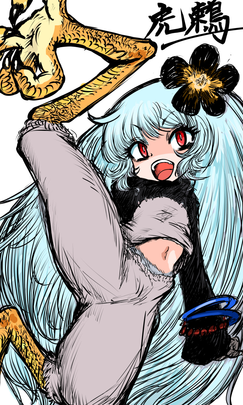 1girl, absurdres, bangs, bird_legs, black_flower, blue_hair, bracelet, commentary_request, eyebrows_visible_through_hair, flower, hair_flower, hair_ornament, harpy, highres, jewelry, long_hair, monster_girl, navel, olsa_(oftintys), open_mouth, original, pants, red_eyes, simple_background, talons, toratsugumi, translation_request, very_long_hair, white_background