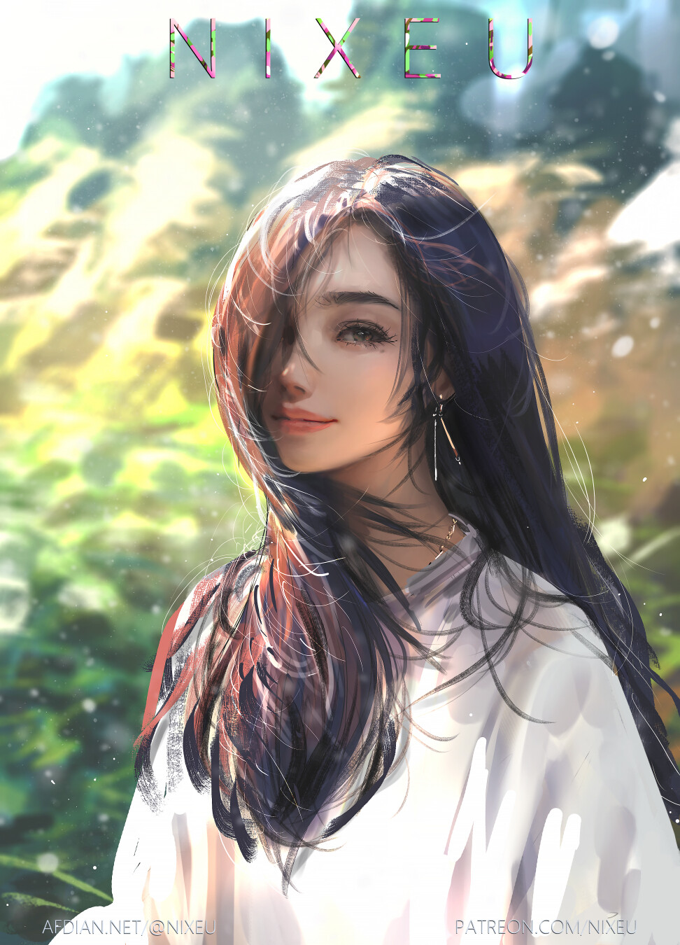 1girl, afdian_username, artist_name, blurry, blurry_background, brown_hair, closed_mouth, commentary, earrings, eyebrows, eyelashes, fantasy, forehead, hair_over_one_eye, highres, jewelry, long_hair, looking_at_viewer, mole, mole_under_eye, nixeu, original, outdoors, patreon_username, realistic, scenery, shirt, solo, sunlight, upper_body, white_shirt