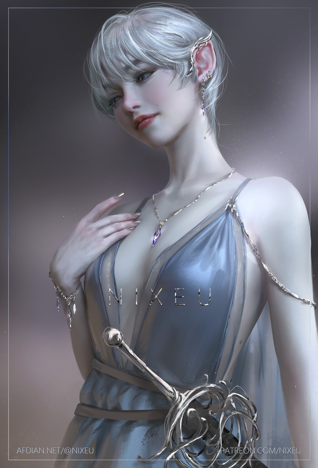 1girl, afdian_username, artist_name, bare_shoulders, blue_dress, bracelet, breasts, closed_mouth, collarbone, dress, ear_piercing, earrings, eyebrows_visible_through_hair, fantasy, gem, gradient_hair, hand_on_own_chest, highres, jewelry, mixed-language_commentary, mole, mole_on_neck, multicolored_hair, necklace, nixeu, original, patreon_username, piercing, pointy_ears, realistic, red_lips, scenery, short_hair, solo, sword, upper_body, weapon, white_hair