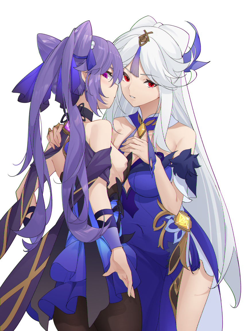 2girls, absurdres, bangs, bare_shoulders, blue_dress, character_request, chinese_commentary, commentary_request