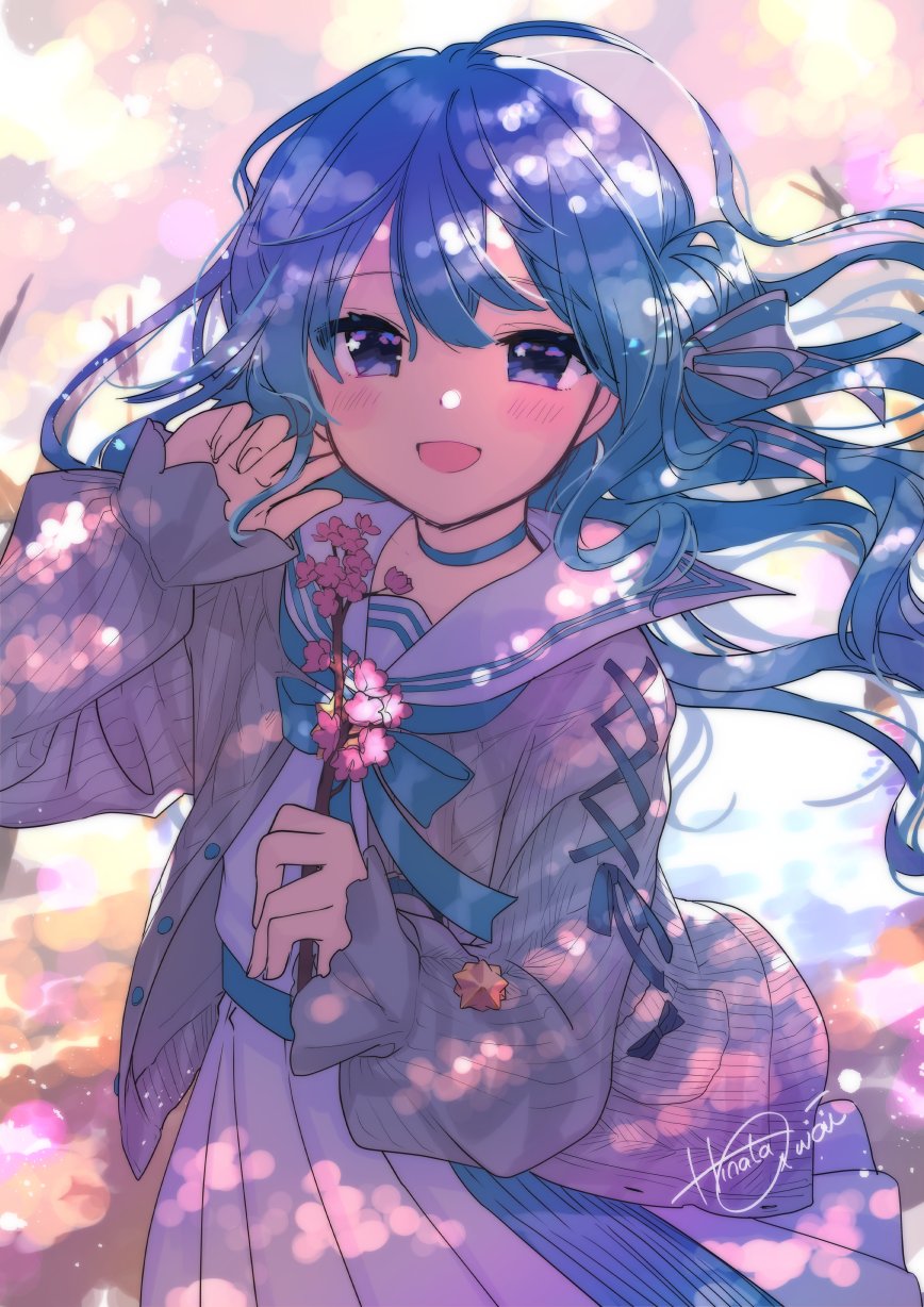 awai_hinata, bangs, belt, blue_belt, blue_choker, blue_eyes, blue_hair, blue_ribbon