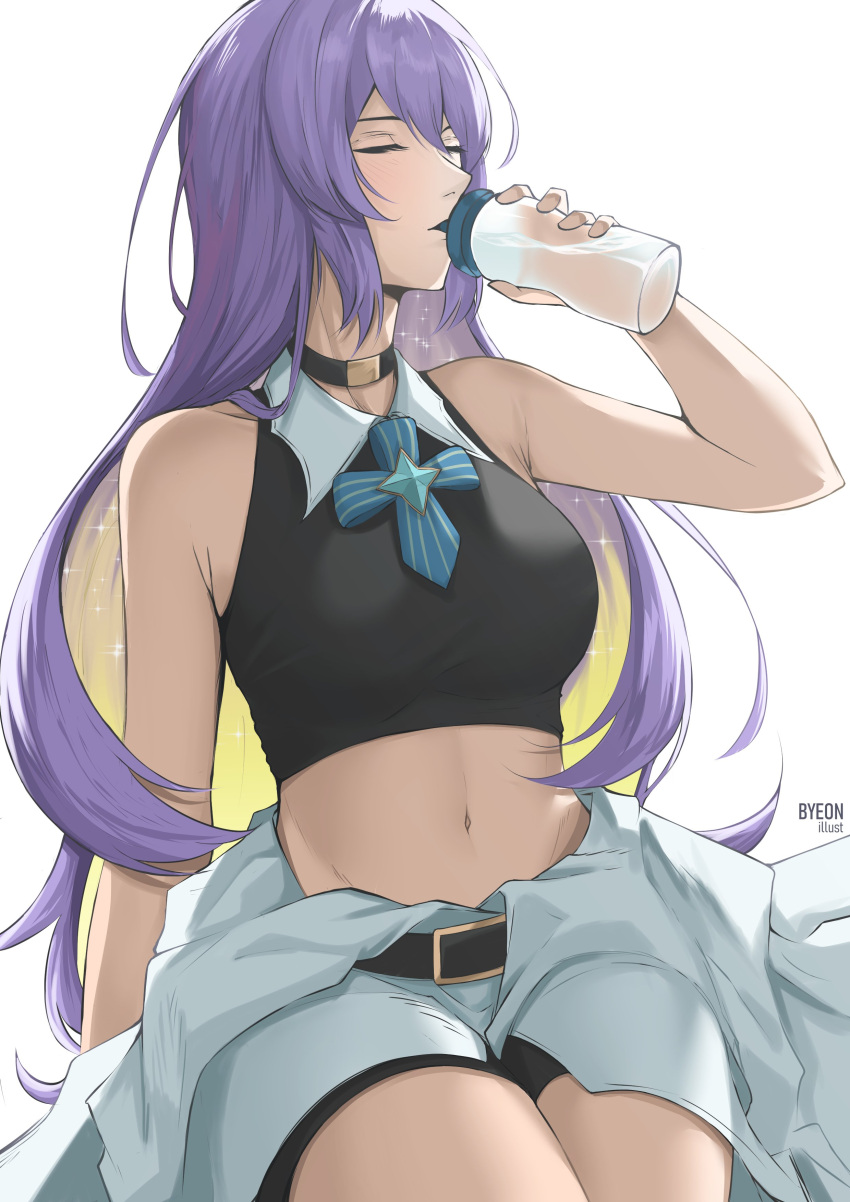 1girl, absurdres, bangs, bare_shoulders, black_shirt, bottle, breasts, byeon