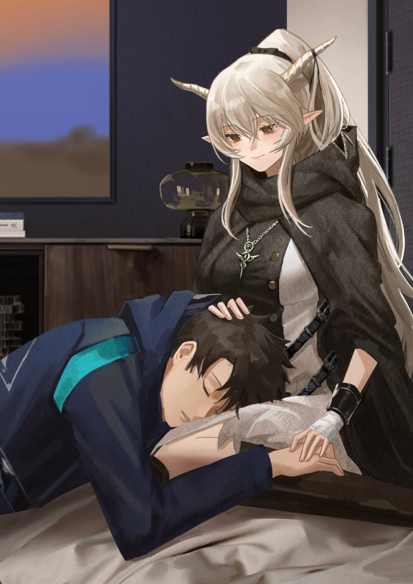 1boy, 1girl, absurdres, arknights, bangs, black_cloak, blonde_hair, brown_eyes