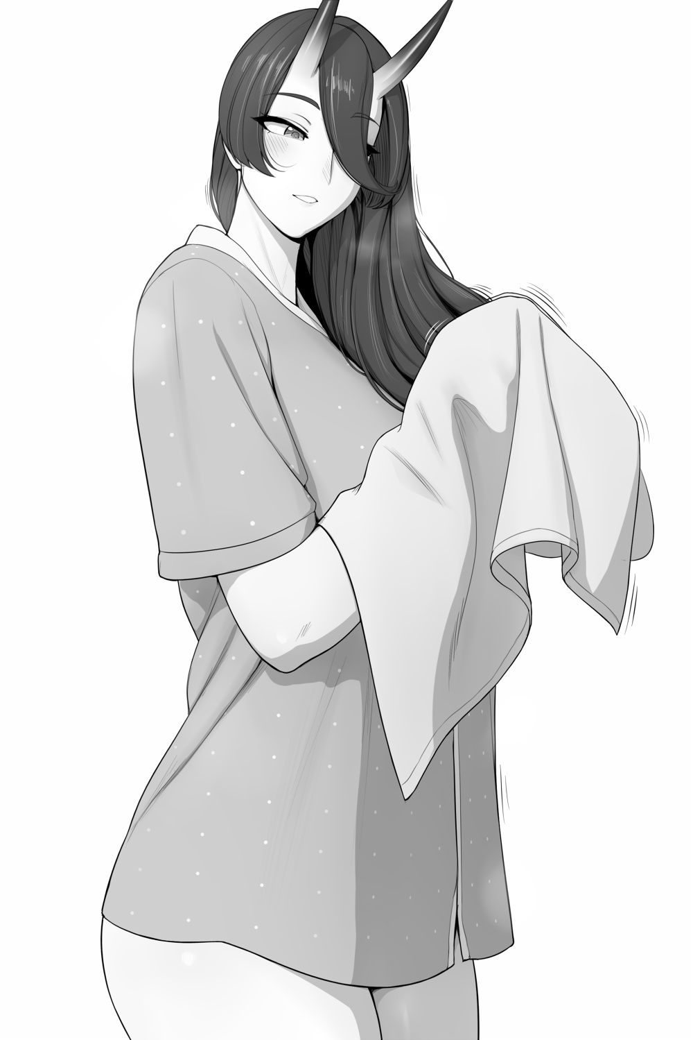 1girl, asahi_(lvl), bangs, blush, breasts, cowboy_shot, drying, drying_hair