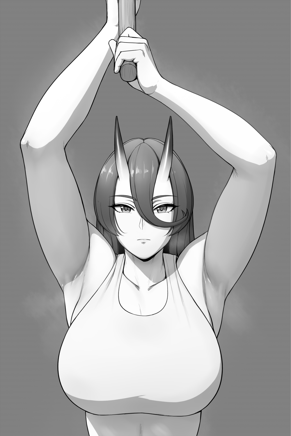 1girl, armpits, arms_up, asahi_(lvl), bangs, bare_shoulders, breasts, collarbone, crop_top, eyebrows, eyelashes, greyscale, hair_between_eyes, highres, holding, horns, huge_breasts, long_hair, looking_at_viewer, lvl_(sentrythe2310), monochrome, oni, oni_horns, original, shiny, shiny_hair, shiny_skin, sidelocks, solo, upper_body