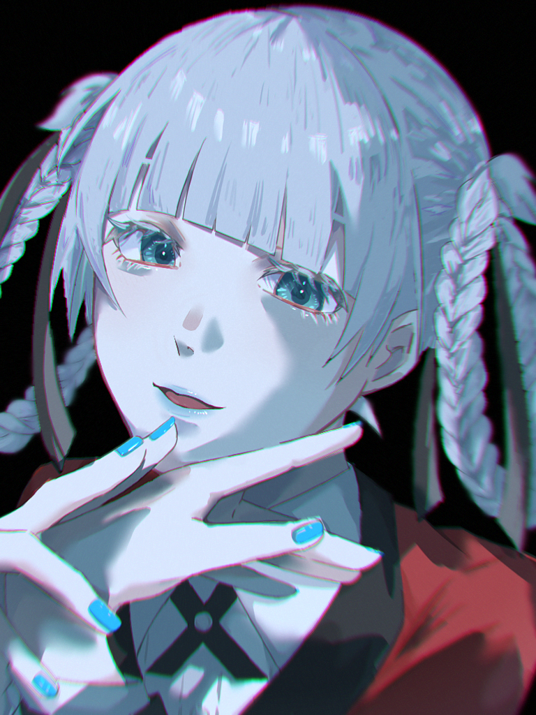 1girl, aqua_eyes, aqua_lips, aqua_nails, bangs, black_background, braid, collared_shirt