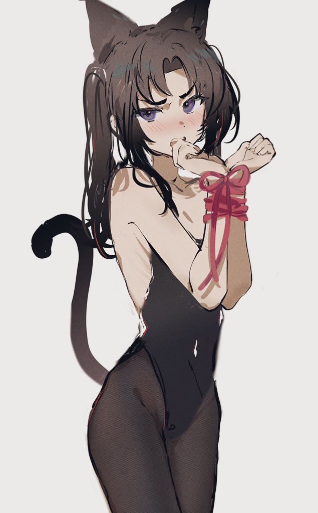 1girl, animal_ears, black_tail, blush, bound, brown_eyes, brown_hair, cat_ears