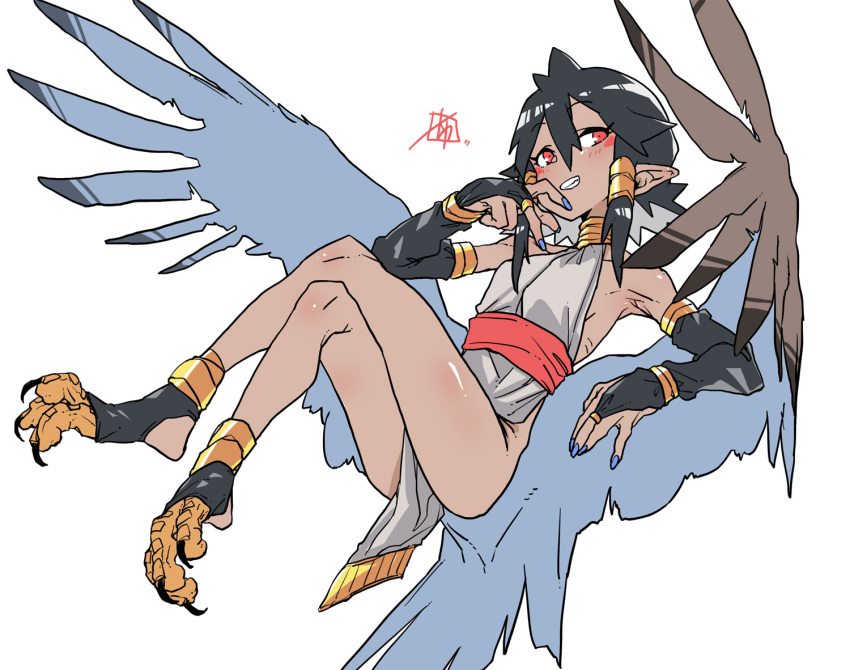 1girl, bangs, bare_shoulders, black_gloves, black_hair, blue_nails, blush, bridal_gauntlets, brown_wings, chiwa_(fcwv5738), choker, commentary_request, crossed_legs, dark-skinned_female, dark_skin, elbow_gloves, eyebrows_visible_through_hair, facial_mark, gloves, grin, hair_between_eyes, hair_tubes, harpy, monster_girl, original, pointy_ears, red_eyes, short_hair, short_hair_with_long_locks, simple_background, smile, solo, stirrup_footwear, talons, white_background, wings