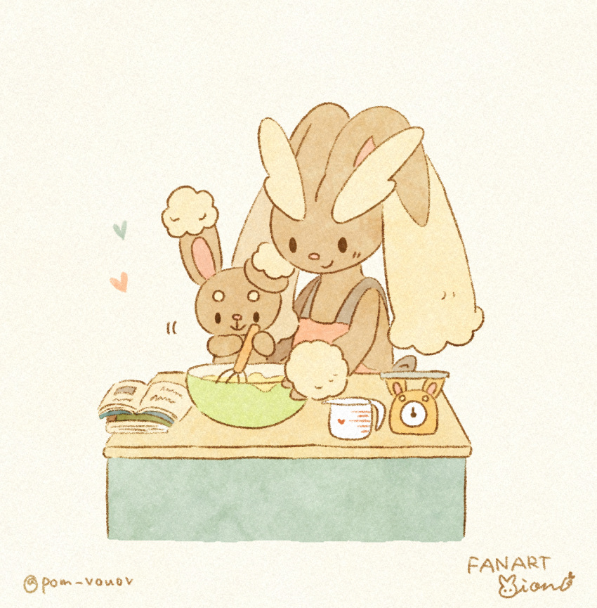 1girl, 1other, animal_ears, animal_nose, apron, artist_name, beige_background, black_eyes