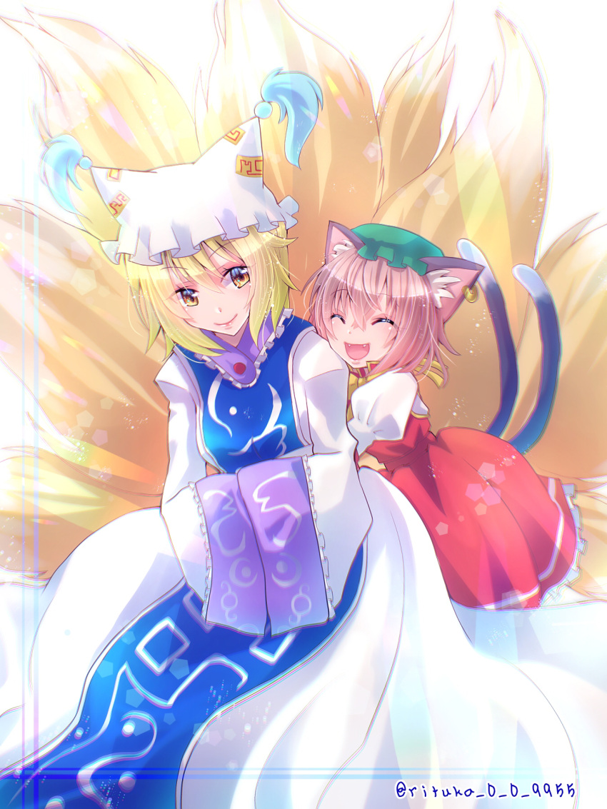 2girls, animal_ears, blonde_hair, blush, brown_hair, cat_ears, cat_tail, chen, closed_eyes, dress, earrings, fox_tail, hands_in_opposite_sleeves, hat, highres, hug, jewelry, long_sleeves, looking_at_viewer, multiple_girls, multiple_tails, open_mouth, pillow_hat, ritsuka_(rituka), short_hair, single_earring, smile, tabard, tail, tassel, touhou, vest, white_dress, wide_sleeves, yakumo_ran, yellow_eyes