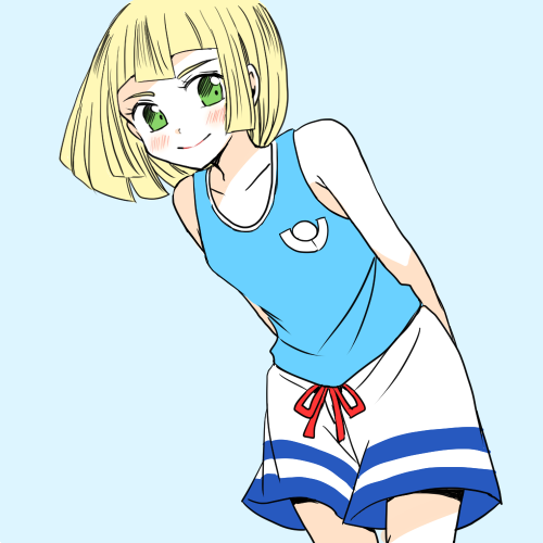 1girl, arms_behind_back, atsumi_yoshioka, bangs, bike_shorts, blonde_hair, blue_shirt, blush