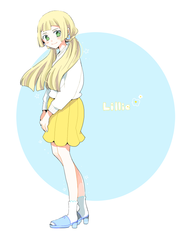 1girl, alternate_costume, atsumi_yoshioka, bangs, blonde_hair, blue_background, blue_footwear, blush