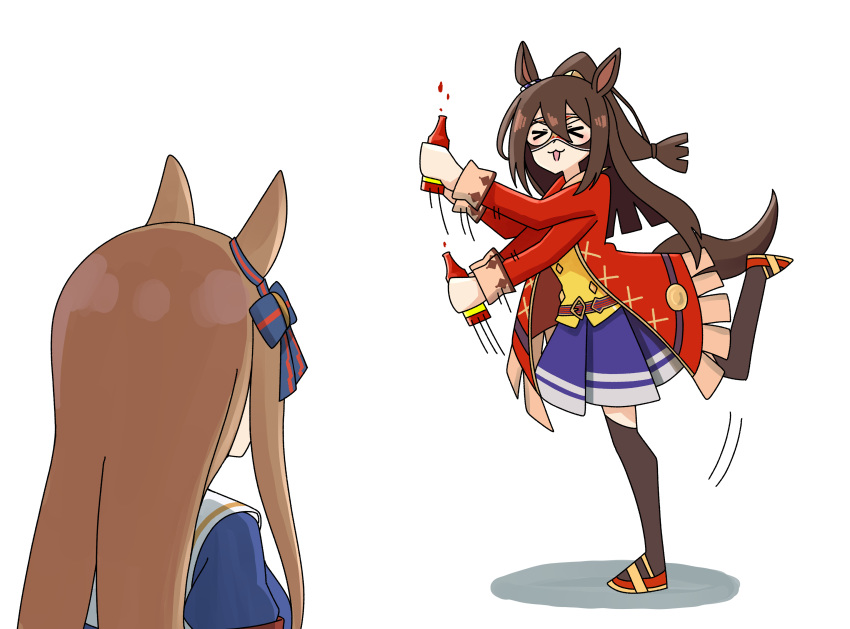 >_<, 2girls, absurdres, animal_ears, black_hair, brown_hair, commentary_request, el_condor_pasa_(umamusume)