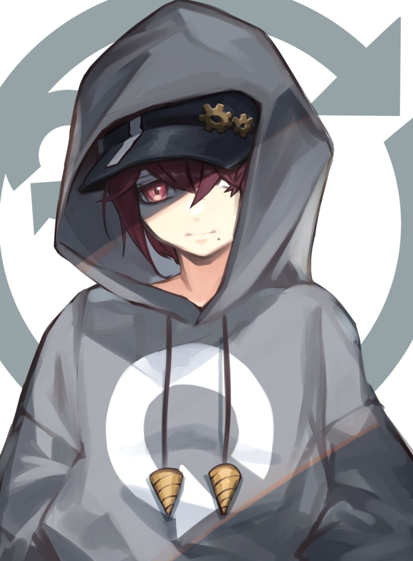 1girl, airi_(sanzennenn), bangs, black_headwear, closed_mouth, drill, expressionless, gear_hat_ornament