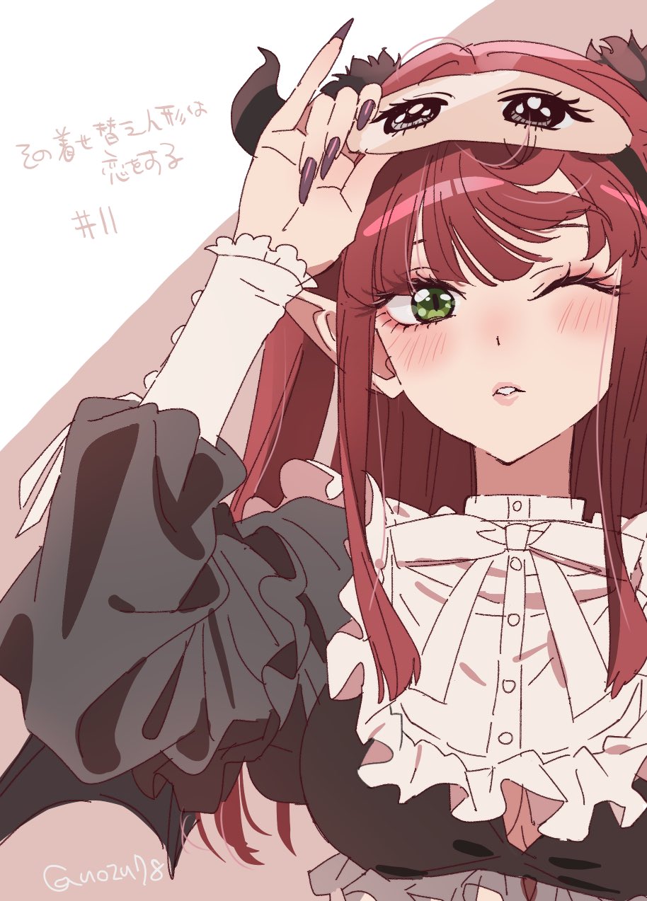 1girl, :d, bangs, black_shirt, blush, cosplay, crop_top, demon_girl