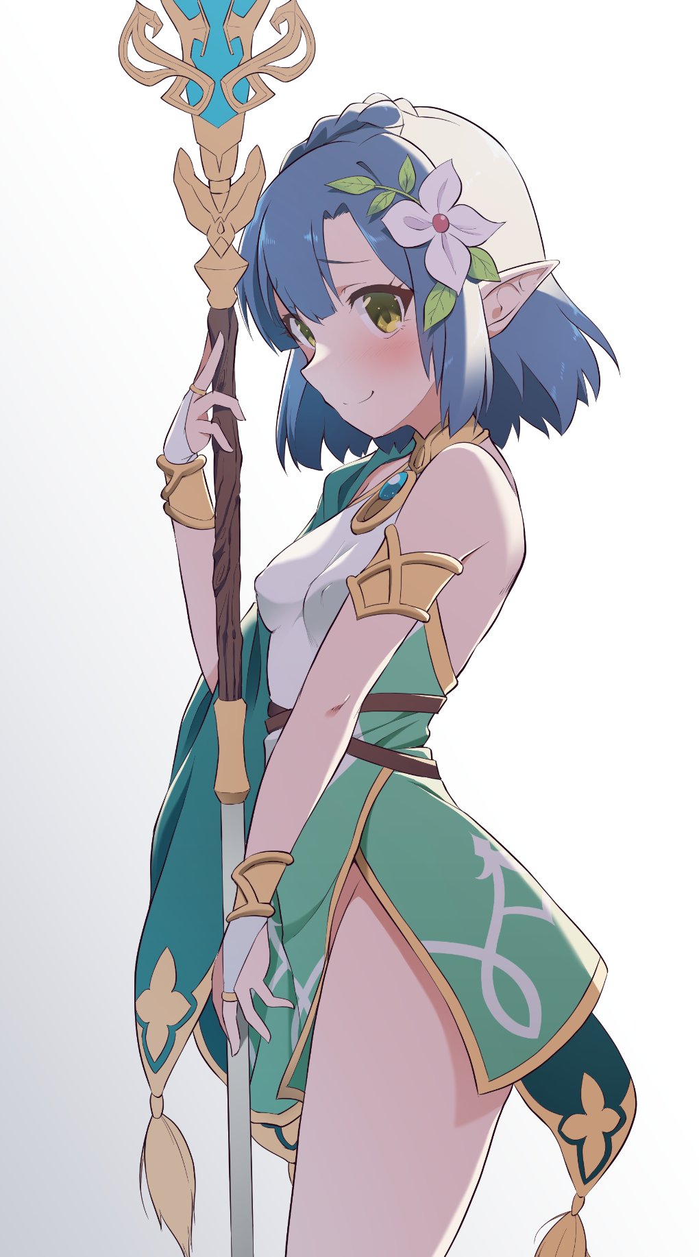 bangs, blue_hair, blush, braid, breasts, commentary_request, covered_nipples, dress, flower, green_dress, hair_flower, hair_ornament, highres, holding, holding_weapon, idolmaster, idolmaster_million_live!, looking_at_viewer, matatabi_(2ccp), medium_breasts, medium_hair, nanao_yuriko, no_panties, pointy_ears, short_dress, single_bare_shoulder, smile, solo, staff, thighs, weapon, yellow_eyes