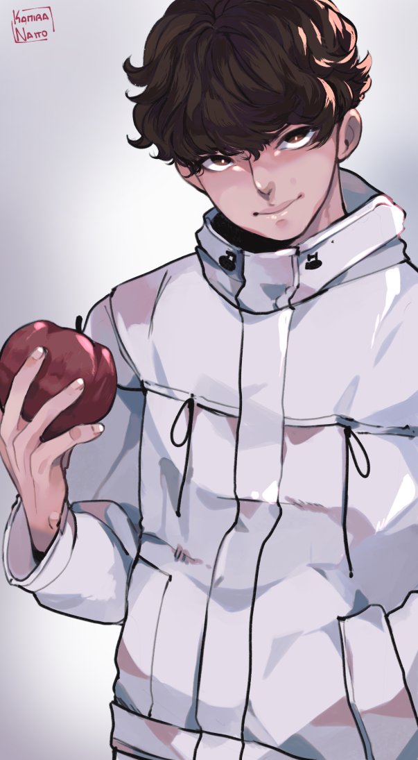 1boy, apple, artist_name, bangs, brown_eyes, brown_hair, death_note, food