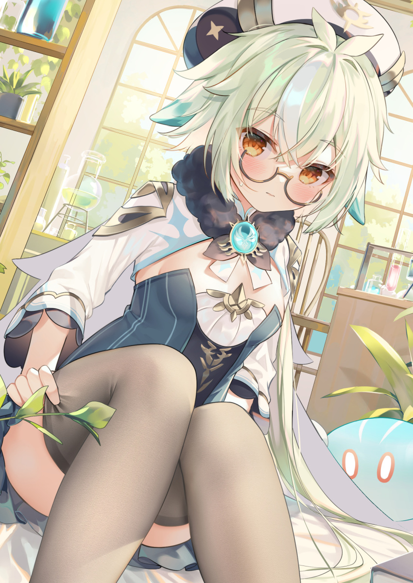 1girl, animal_ears, bangs, beret, blue_dress, blush, breasts, cape