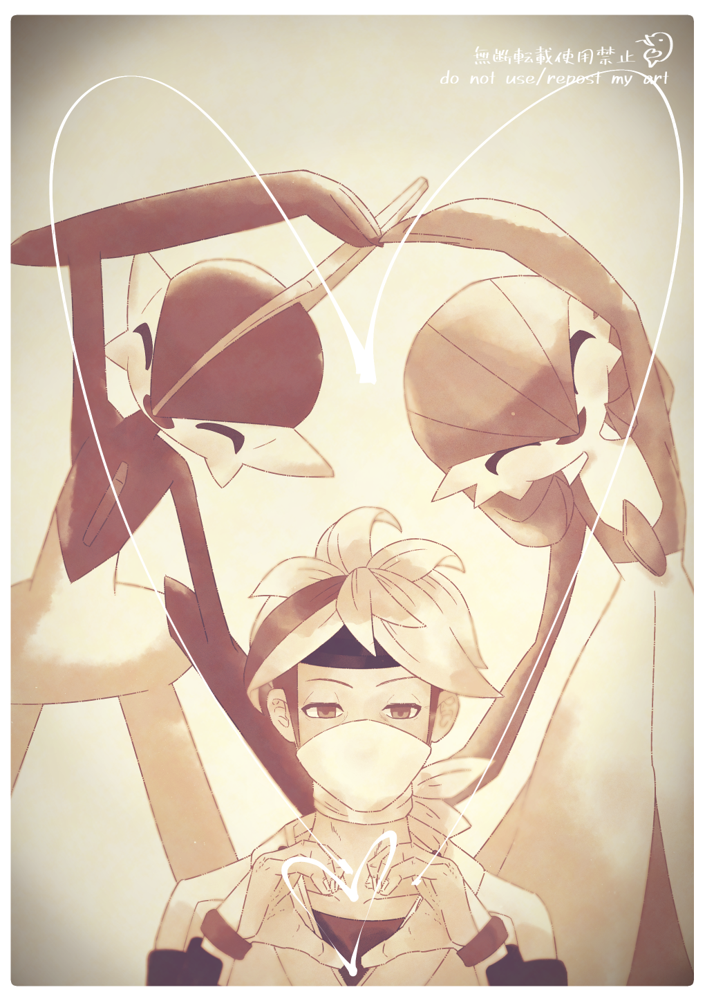 1girl, 2boys, ^_^, arm_up, artist_name, bangs, beige_background, beni_(pokemon)