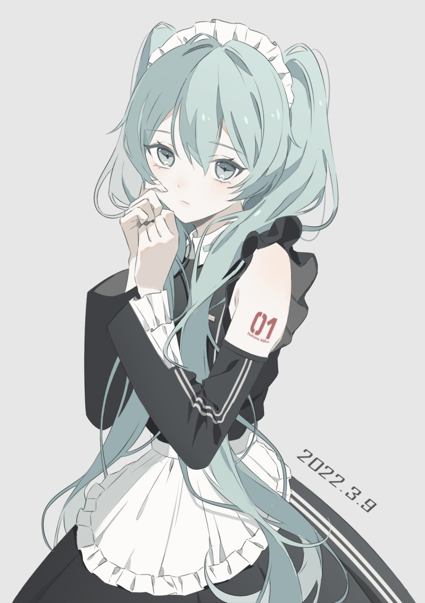 1girl, apron, azuki_(ckxs7444), bangs, black_dress, blue_eyes, blue_hair, commentary_request