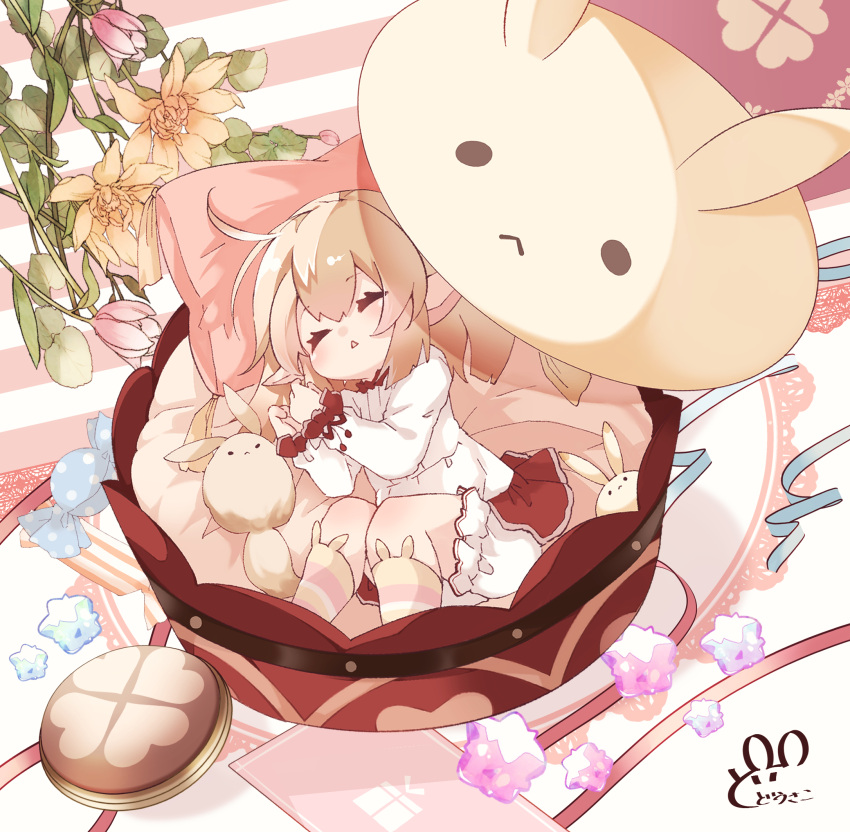 1girl, alternate_costume, bangs, bed, bed_sheet, bloomers, candy, commentary_request
