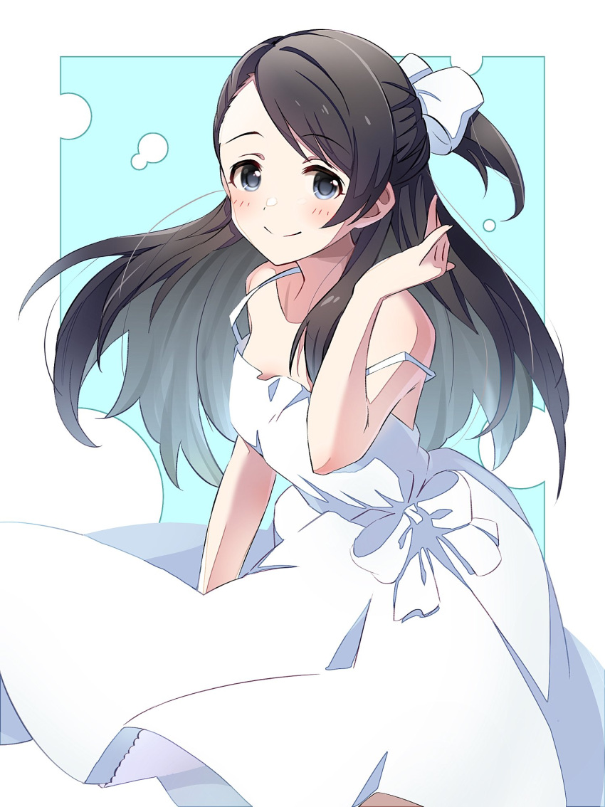 1girl, asymmetrical_bangs, bangs, black_hair, blush, dress, floating_hair, highres