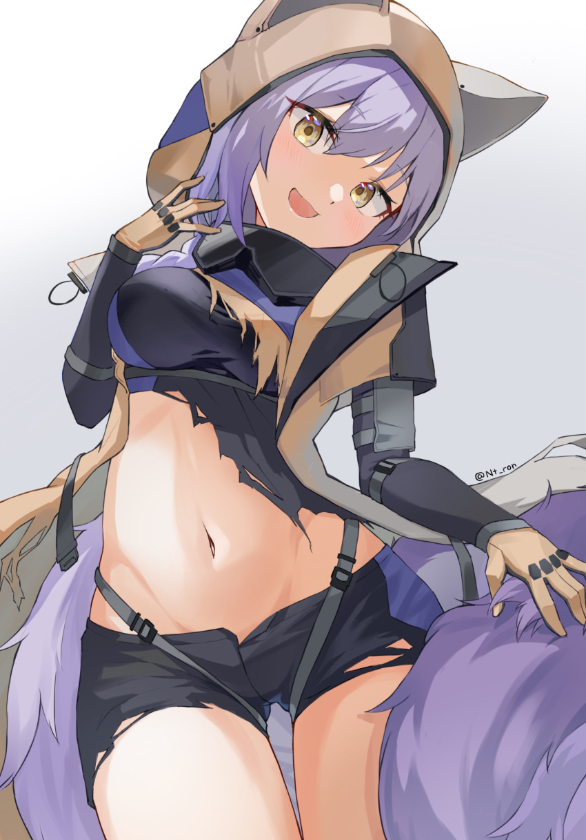 1girl, :d, absurdres, animal_ears, arknights, ass_visible_through_thighs, black_shorts, blush, braid, breasts, brown_gloves, cowboy_shot, gloves, goggles, goggles_around_neck, hair_over_shoulder, hand_up, head_tilt, highres, hood, hood_up, large_tail, long_hair, long_sleeves, looking_at_viewer, medium_breasts, navel, nitoron, official_alternate_costume, open_mouth, provence_(arknights), provence_(wasteland_walker)_(arknights), purple_hair, revealing_clothes, short_shorts, shorts, simple_background, single_braid, smile, solo, stomach, tail, thigh_gap, white_background, wolf_ears, wolf_girl, wolf_tail, yellow_eyes