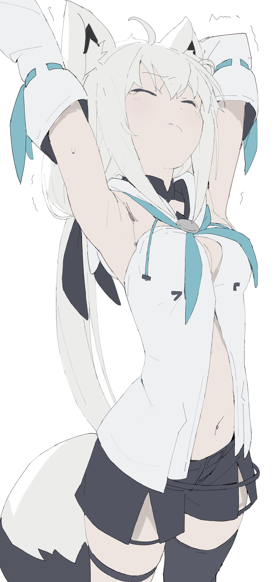 1girl, ahoge, animal_ear_fluff, animal_ears, armpits, arms_up, bangs, blue_neckerchief