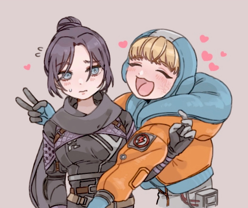 2girls, :3, ^_^, apex_legends, beige_background, black_bodysuit, black_gloves, black_hair