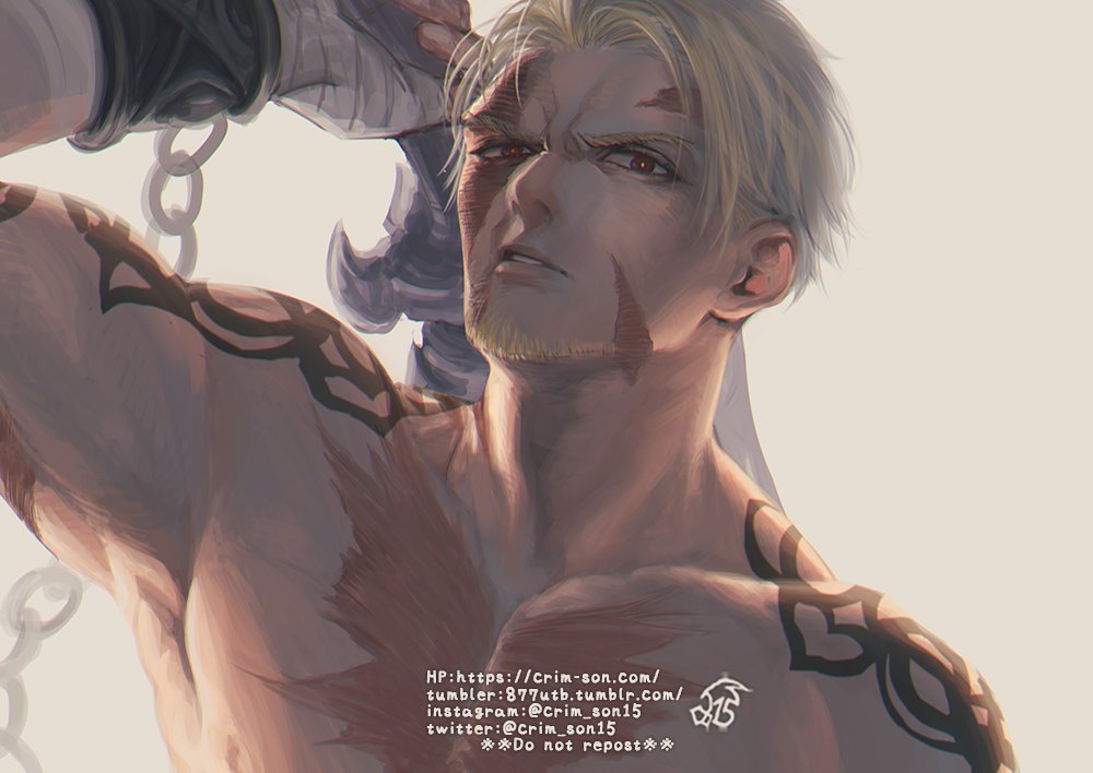 1boy, bangs, beowulf_(fate), blonde_hair, expressionless, facial_hair, fate/grand_order, fate_(series)