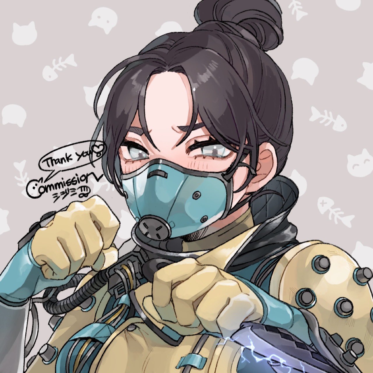 apex_legends, bangs, black_hair, blue_gloves, bodysuit, breasts, brown_background, cable, commission, depths_of_the_void_wraith, electricity, eyebrows_behind_hair, gloves, grey_eyes, hair_behind_ear, hair_bun, heart, highres, holding, holding_knife, knife, kunai, mask, medium_breasts, mouth_mask, official_alternate_costume, parted_bangs, portrait, shimijimi, speech_bubble, upper_body, v-shaped_eyebrows, weapon, wraith's_kunai, wraith_(apex_legends), yellow_bodysuit