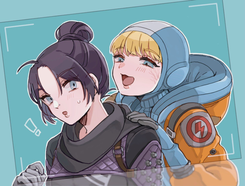 !, 2girls, :o, animal_ears, apex_legends, black_bodysuit, black_hair, black_scarf