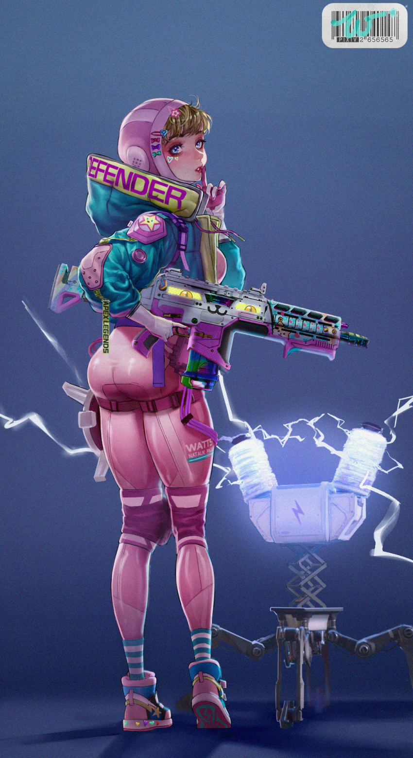 apex_legends, ass, assault_rifle, barcode, blonde_hair, blue_eyes, blue_jacket, bodysuit
