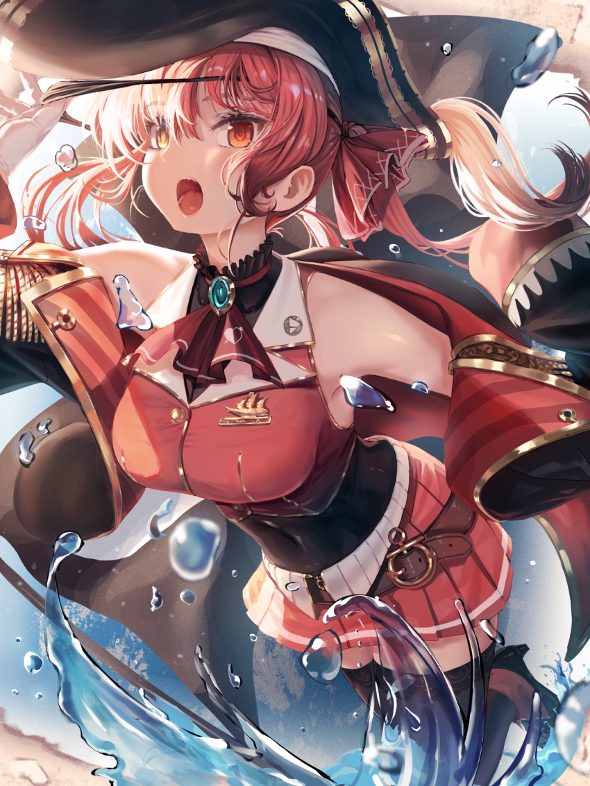1girl, arrow_through_heart, ascot, bangs, bare_shoulders, belt, black_eyepatch, black_headwear