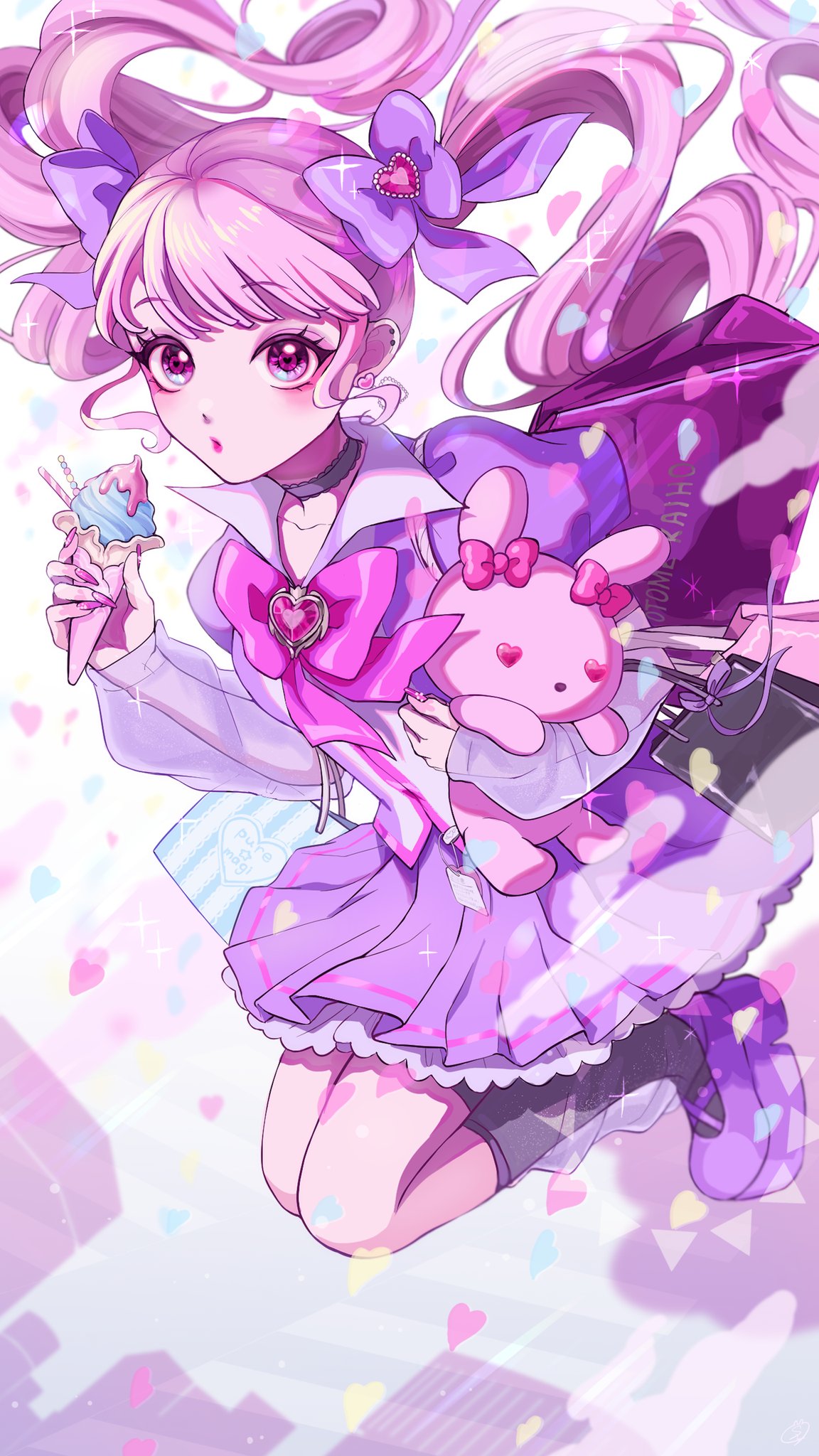 1girl, bag, bangs, blunt_bangs, choker, ear_piercing, earrings, food