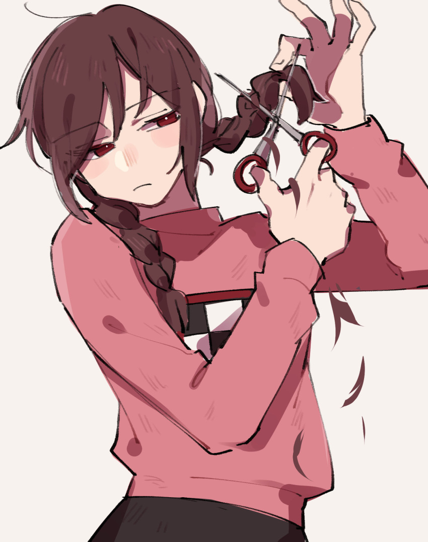 1girl, bangs, braid, brown_skirt, checkered_clothes, cutting_hair, cutting_own_hair, expressionless