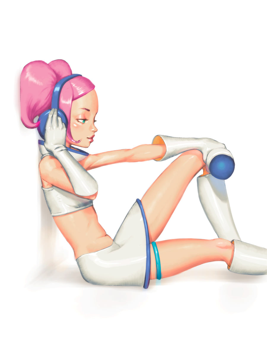 1girl, against_wall, aqua_eyes, boots, crop_top, detached_collar, energy_gun, flat_chest