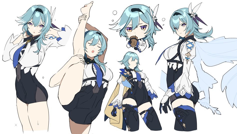 1girl, blue_eyes, blue_hair, blush, breasts, cape, chibi, commentary_request