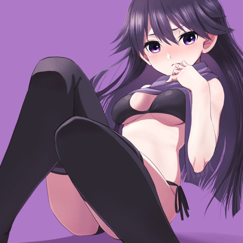1girl, absurdres, bikini, black_bikini, black_hair, black_legwear, breasts, hasegawa_(hase_popopo)