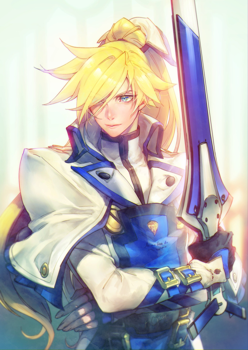 1boy, absurdres, belt, black_gloves, blonde_hair, blue_eyes, character_name, fighting_stance, fingerless_gloves, gloves, grey_background, guilty_gear, guilty_gear_xrd, hair_between_eyes, hair_over_one_eye, highres, kin_mokusei, ky_kiske, long_hair, looking_to_the_side, magic, magnolia_eclair_ii, male_focus, multiple_belts, outstretched_arm, ponytail, pose, simple_background, smile, solo, sword, tied_hair, weapon