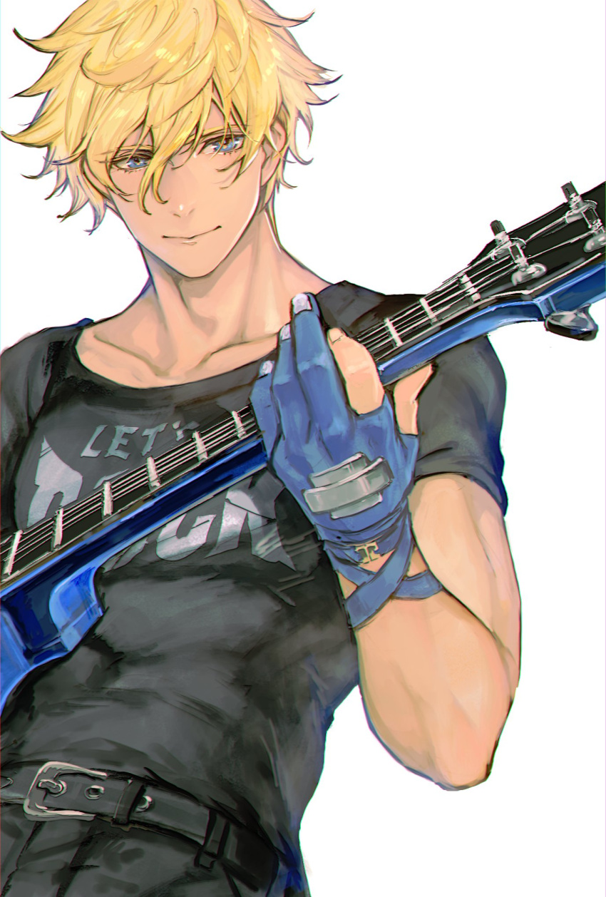 1boy, belt, black_pants, black_shirt, blonde_hair, blue_gloves, blue_hair, collarbone