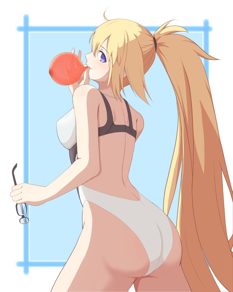 1girl, ass, balloon, blonde_hair, blowing, blue_eyes, commentary_request, competition_swimsuit
