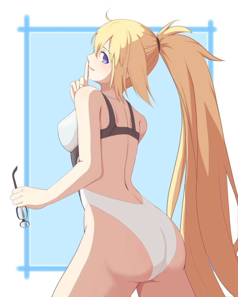 1girl, ass, blonde_hair, blue_eyes, commentary_request, competition_swimsuit, cowboy_shot, drill_bulbul
