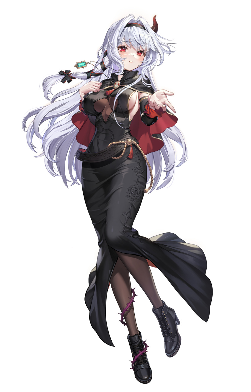 1girl, absurdres, bangs, black_dress, black_footwear, black_legwear, breasts, dress, eyebrows_visible_through_hair, full_body, game_cg, guardian_tales, hairband, half_vampire_priscilla, highres, horns, jewelry, long_hair, looking_at_viewer, medium_breasts, necklace, official_art, red_eyes, single_horn, standing, transparent_background, white_hair