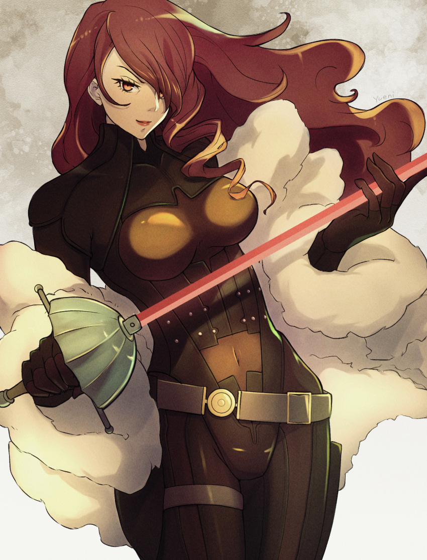 1girl, artist_name, bangs, bodysuit, breasts, covered_navel, drill_hair, floating_hair