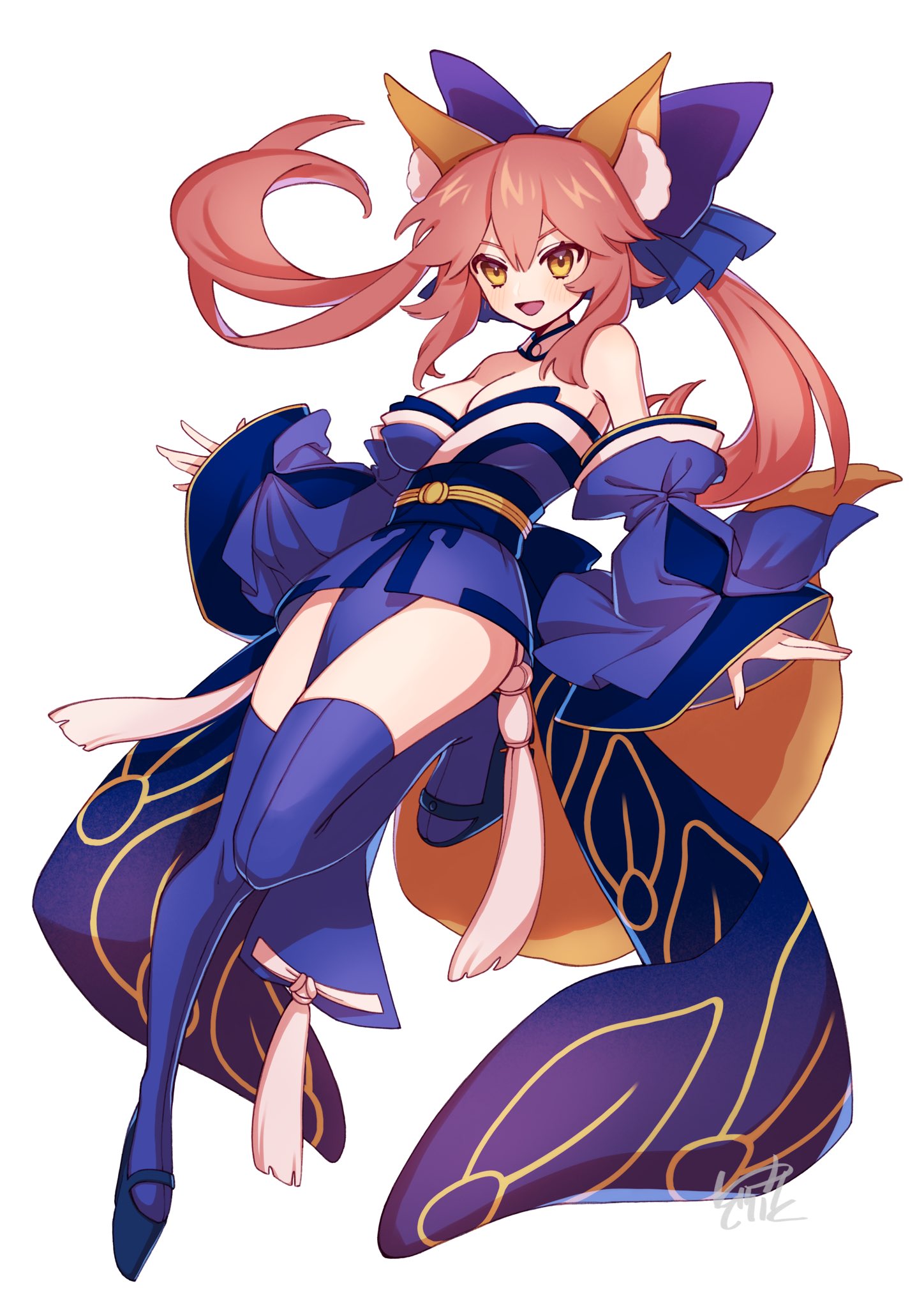 1girl, animal_ear_fluff, animal_ears, bangs, bare_shoulders, blue_bow, blue_kimono, blue_legwear