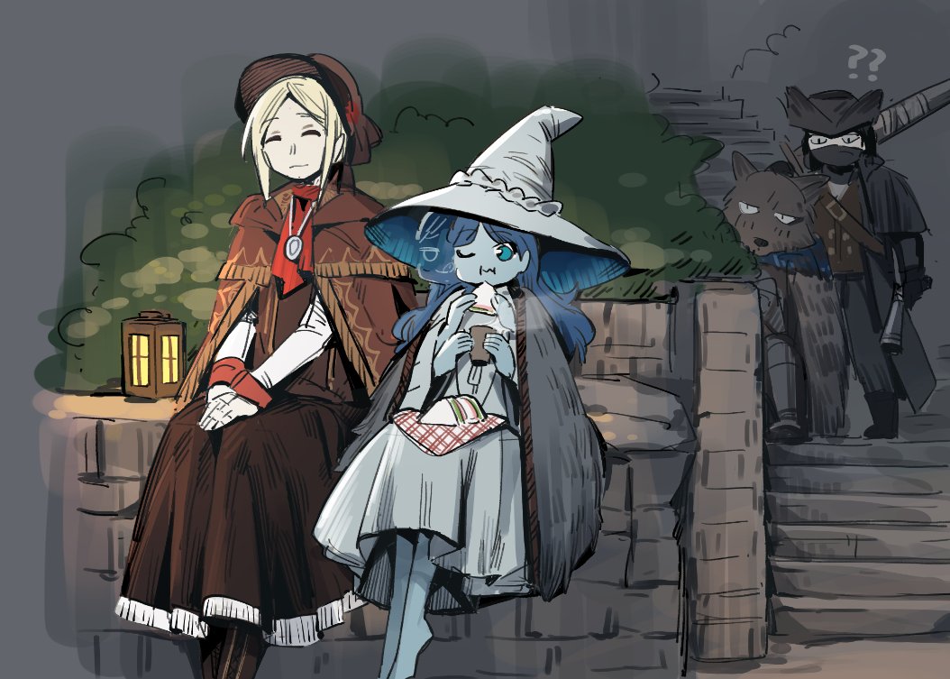 2boys, 2girls, animal_head, ascot, bangs, blaidd_the_half-wolf, bloodborne, blue_eyes